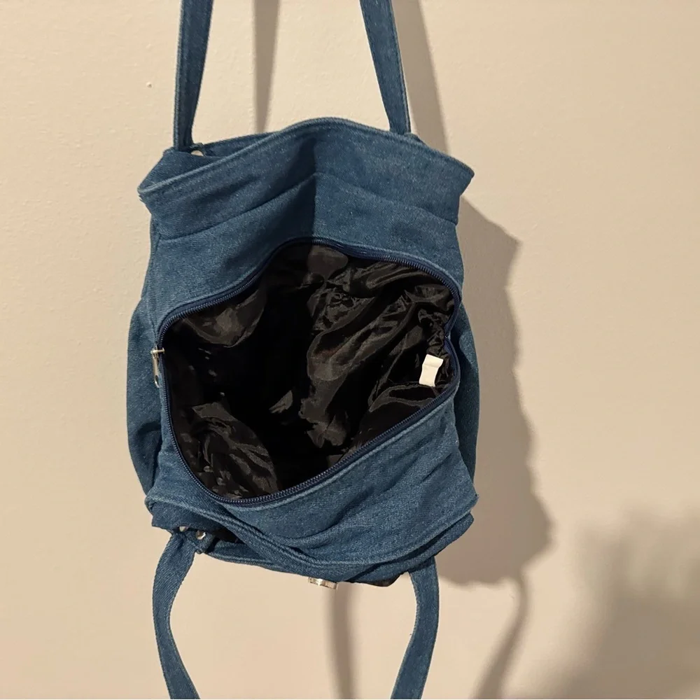 Vintage Style Denim Shoulder Bag with White Floral Embroidery & Zipper Pockets